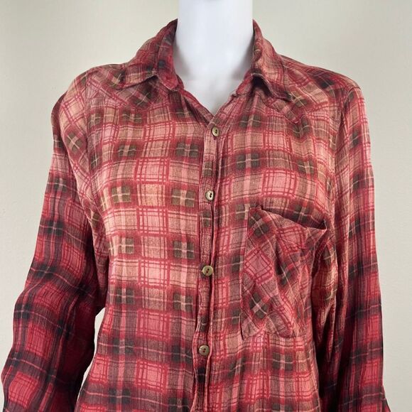 Free People Womens Size XS Red Festival Plaid Distressed Button Up High Low Top - Picture 4 of 14